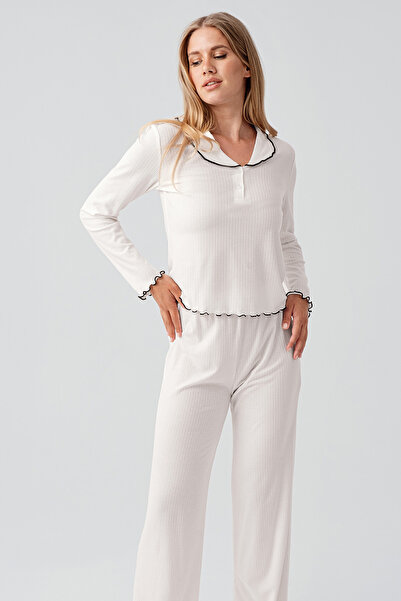 Artış Long Sleeve Buttoned Ruffle Stitching Viscose Pajama Set