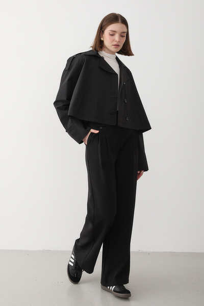 JASTE Women's Black Double Breasted Collar Trench Coat