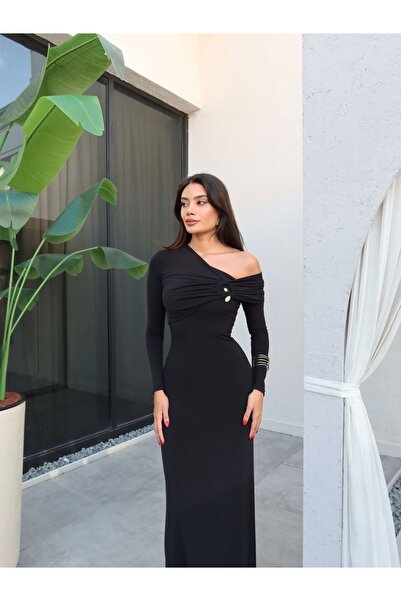 ESRAHELVACI One Shoulder Maxi Dress with Stone Accessories