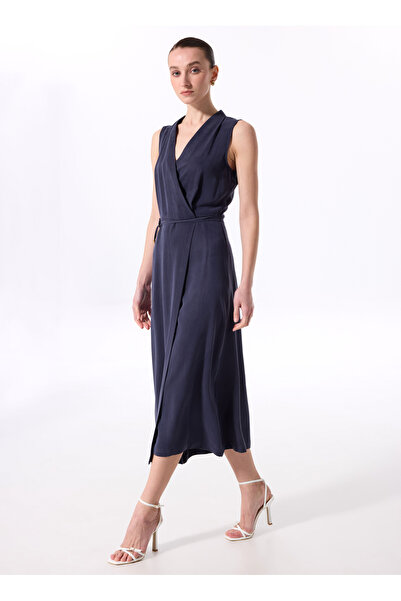Fabrika Kruvaze Yaka Düz Lacivert Midi Kadın Elbise F5SL-ELB0356