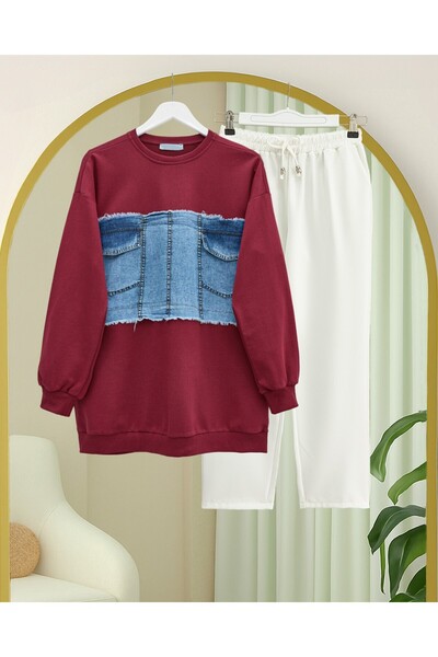 Modamorfo Round Neck Sweatshirt with Denim Pocket Detail on the Front - Burgundy