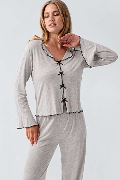 Artış Uzun Kollu Kurdele Fiyonk Detaylı Esnek Viskoz Pijama Takım