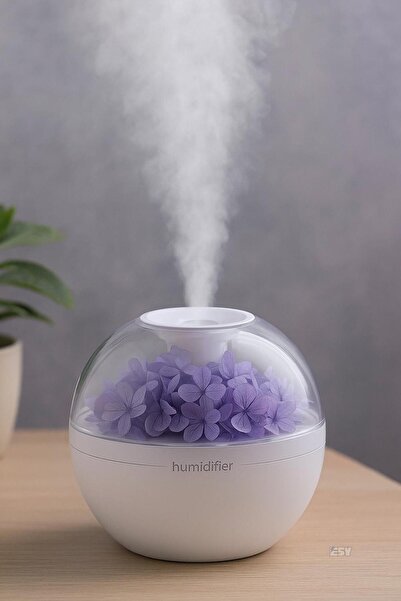 Store Mor Çiçekli Buhar Difüzörü | Işıklı Dekoratif Hava Nemlendirici 300ml - Sessiz & Şık