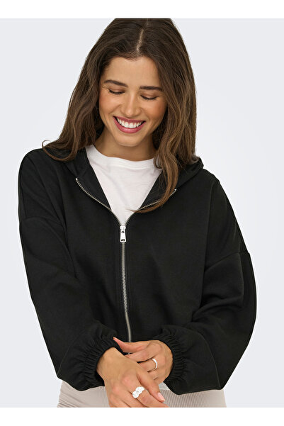 ONLY Hooded Collar Plain Black Women's Sweatshirt Onlscarlett Life Ls Zip Hood Swt No