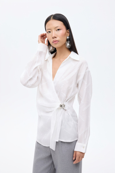 Quzu Double-Breasted Blouse with Buckle Accessories, Ecru