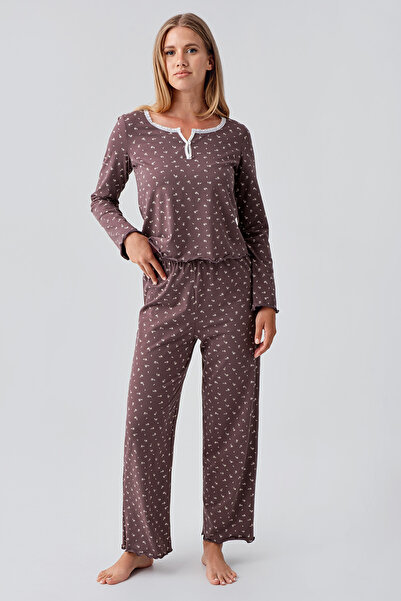 Artış Uzun Kollu Desenli Düğmeli Esnek Pamuklu Pijama Takım