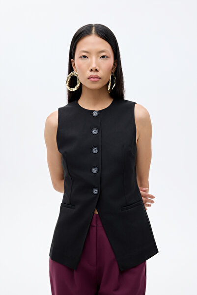 Quzu Передній розріз, детальний круглий комір, застібка на ґудзиках, жилет-піджак, чорний