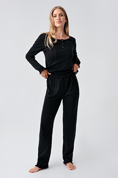 Artış Long Sleeve Lace-Like Knit Buttoned Stretchy Cotton Pajama Set