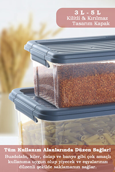 MOİ Set of 2 Flour Legumes Food Container with Locking Lid - Multi-Purpose Organizer Detergent Storage Box 3L-5L