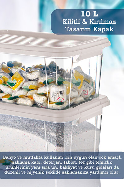 MOİ 2'li Mega 10L Un Bakliyat Erzak Kabı - Kilitli Kapaklı Banyo Düzenleyici Deterjanlık Saklama Kutusu