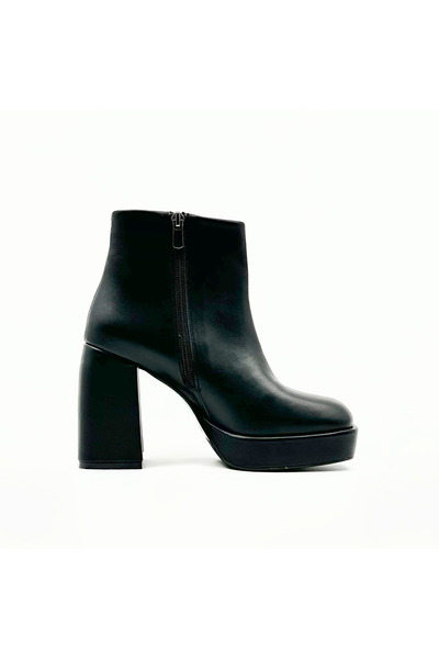 Folle Siyah Hakiki Deri Kalın Topuklu Platform Kadın Bot