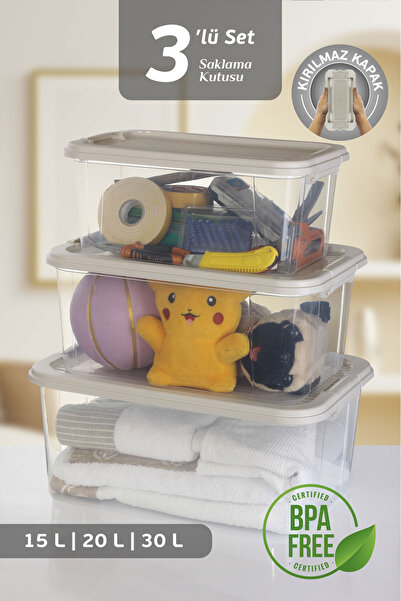 MOİ 3-Piece 15-20-30 L Multi-Purpose Storage Container Set - Lockable Lid Bathroom Kitchen Organizer Storage Box