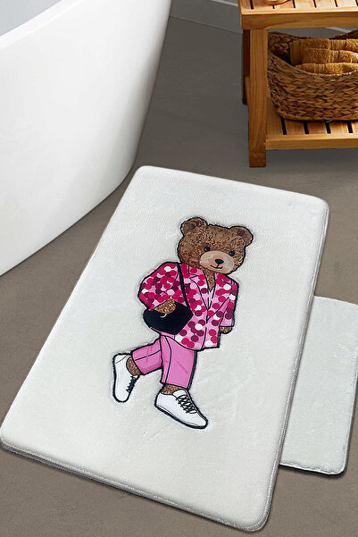 Chilai Home Boss Bear Ecru 2-Piece Embroidered Bath Mat, Non-Slip Base 60X100 50X60 Cm