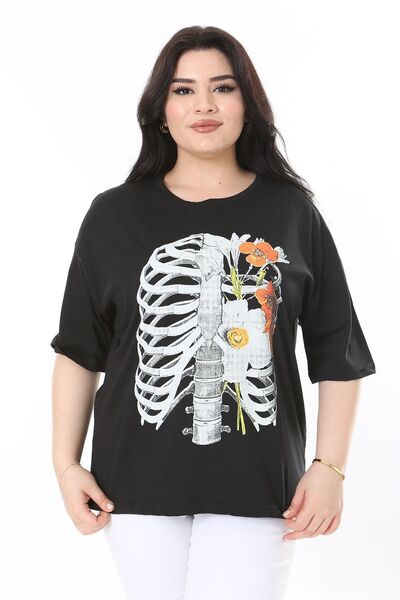 Şans Plus Size Black Printed Cotton Blouse - Short Sleeve 65N38009