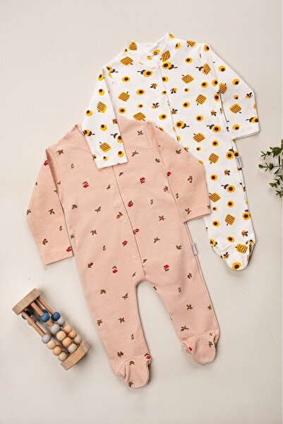 Nayinom Beige Baby Girl's Romper - Cotton, Bee Pattern, Snap Fastener, Double (Pack of 2)