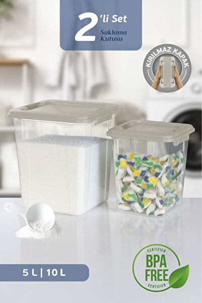 MOİ 2'li Set 5-10L Kilit Kapak Saklama Kutusu Deterjanlık - Un Bakliyat Erzak Saklama Kabı Organizer Box
