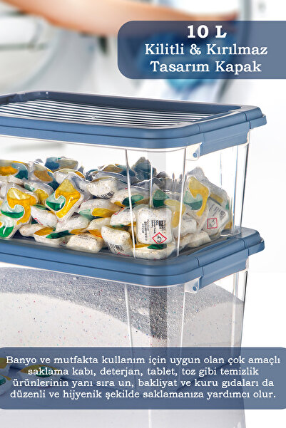 MOİ 2'li Mega 10L Un Bakliyat Erzak Kabı - Kilitli Kapaklı Banyo Düzenleyici Deterjanlık Saklama Kutusu