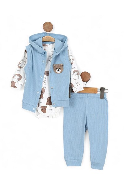 voyyo kids baby Erkek Bebek Mevsimlik Yeni Doğan 3-6-9-12 Ay Fitilli Yelekli Ayıcık Nakışlı 3 Parça Şık Bebek Takım