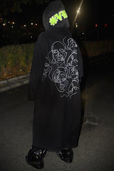 Hello Stranger Linear Faces Siyah Kaşe Palto