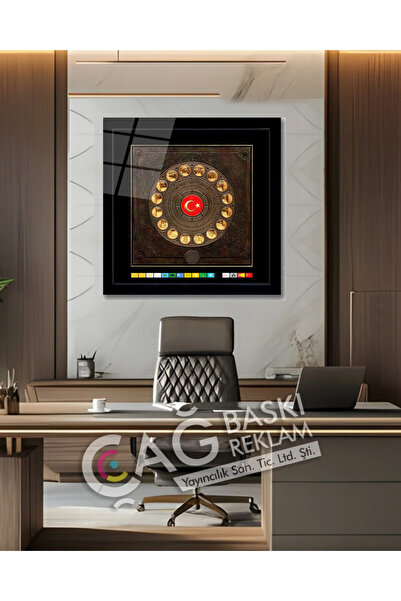 Çağ Baskı 16 Türk Devleti Bayrağı Logoları Cam Tablo Modern Ev Ofis Oda Salon Duvar Dekoru Hediyelik