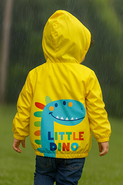 Mika Bebek & Çocuk Dinosaur Patterned Hooded Boy's Yellow Raincoat
