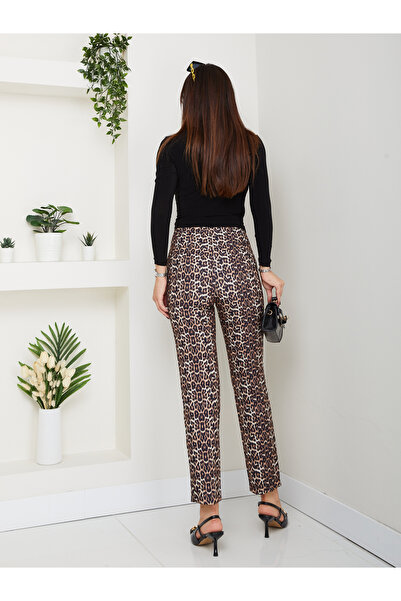 RACE FASHİON Leopar Desenli Fleto Cep Görünümlü Pens Detaylı Pantolon RC4002