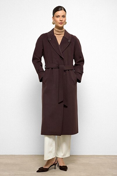Olcay Punto Stitch Detailed Back Pleated Medium Length Cashmere Coat K. Brown 3113
