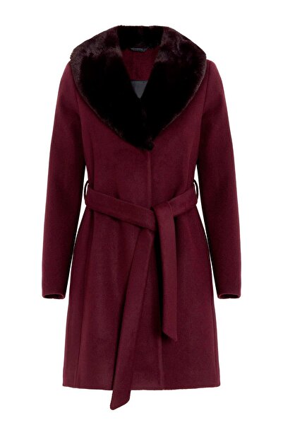 Olcay Shawl Collar Fur Waist Tied Coat Murdum 3093