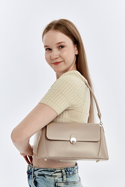 Ensar Çanta Mink Women's Retro Leather Look Shoulder Bag with Front Cover