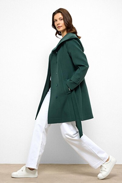 Olcay Hooded Punto Stitch Detailed Coat Green 3102