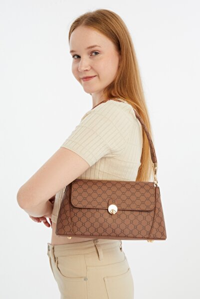 Ensar Çanta Patterned Tan Women's Retro Front Flap Leather Look Shoulder Bag