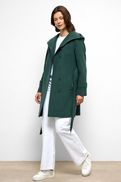 Olcay Hooded Punto Stitch Detailed Coat Green 3102