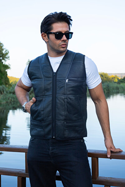 fubileather Genuine Lambskin Men's Leather Vest with Real Fur Inside