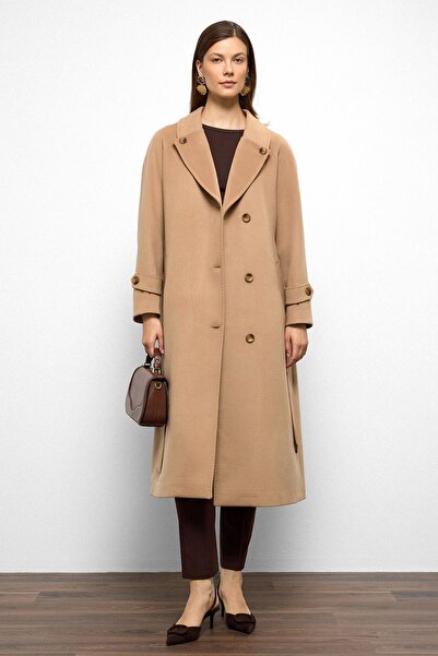Olcay Punto Stitch Detailed Back Pleated Medium Length Cashmere Coat Biscuit 3113