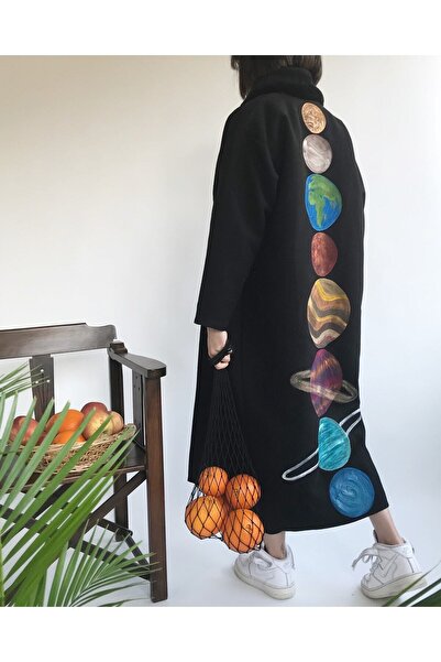 Hello Stranger Siyah Kaşe Palto Gezegenler Uzay Galaksi Kaban Mont