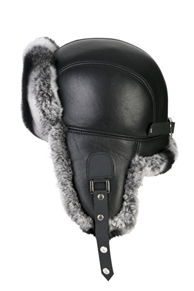 fubileather Yamtar Gri Tavşan Kürklü Ushanka Pilot Deri Şapka