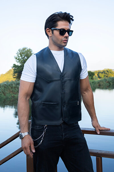 fubileather Справжня шкіряна жилетка з ґудзиками (чоловіча шкіряна жилетка)