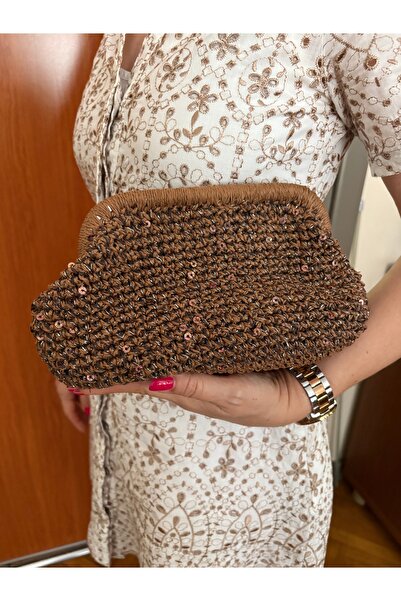 PeriStore Kahve Hasır Pullu Portföy El Örmesi Çanta 25x20cm Astarlı