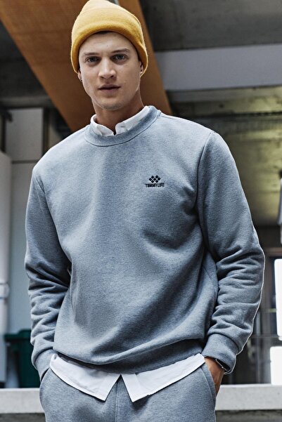 TOMMY LIFE Γκρι μελανζέ βαμβακερό χοντρό τρίχωμα εσωτερικά με απαλή υφή Comfort Fit Κεντημένο ανδρικό σετ φούτερ -85265