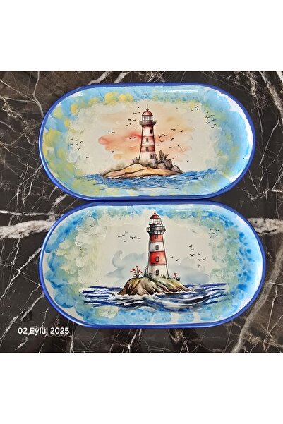 el.ay.arts Deniz Feneri temalı porselen servis sunum tabağı el boyaması 23×13...