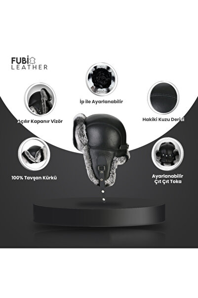 fubileather Yamtar Gri Tavşan Kürklü Ushanka Pilot Deri Şapka