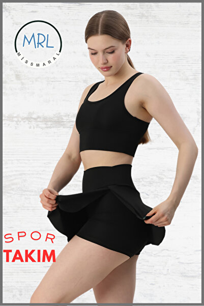 missmaral Kadın Spor Takım Siyah Şort Etek ve Ped Destekli Crop Bra Takım Tenis Deniz Havuz Active Sports