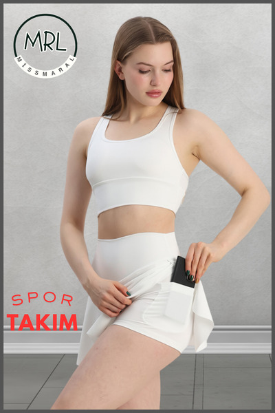 missmaral Women's Sports Suit Ecru Shorts Skirt and Pad Supported Crop Bra Suit Tennis Sea Pool Active Sports