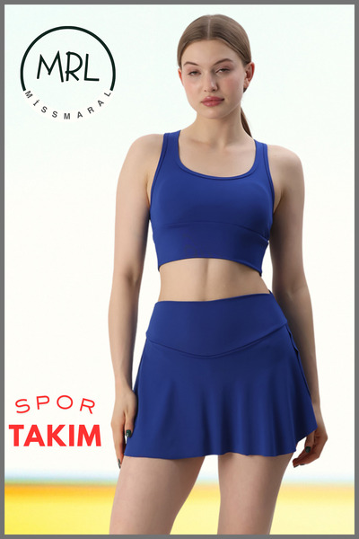 missmaral Kadın Spor Takım Mavi Şort Etek ve Ped Destekli Crop Bra Takım Tenis Deniz Havuz Active Sports