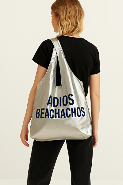 nobag Shopper Omuz Çanta Metalik Gümüş Kumaş 44x56cm