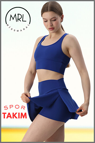 missmaral Kadın Spor Takım Mavi Şort Etek ve Ped Destekli Crop Bra Takım Tenis Deniz Havuz Active Sports