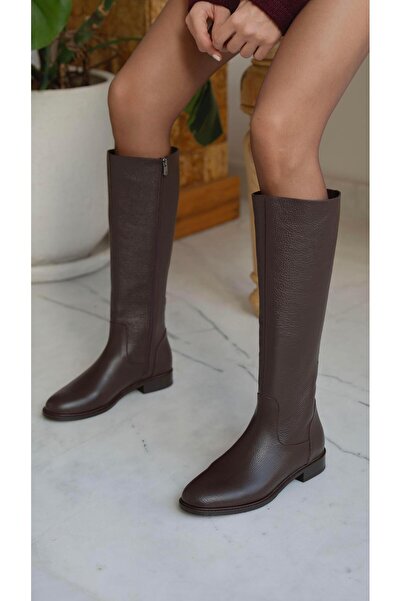 ECENİN BUTİĞİ Adel Kahve Deri Fermuarlı Hakiki Deri Kadın Çizme