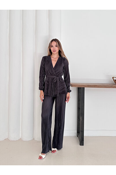 verabelle Pleated Satin Padded Anthracite Color Stylish Double-Breasted Suit