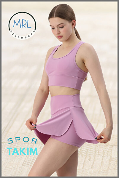 missmaral Women's Sports Suit Lilac Shorts Skirt and Pad Supported Crop Bra Suit Tennis Sea Pool Active Sports