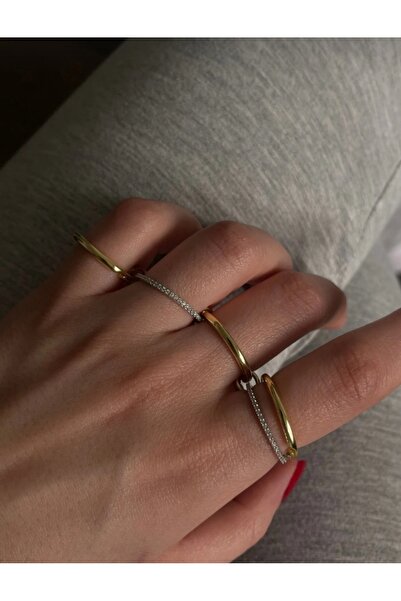 Goche Altın Kaplama Beşli Çoklu Yüzük Seti - Taşlı ve Sade Tasarım